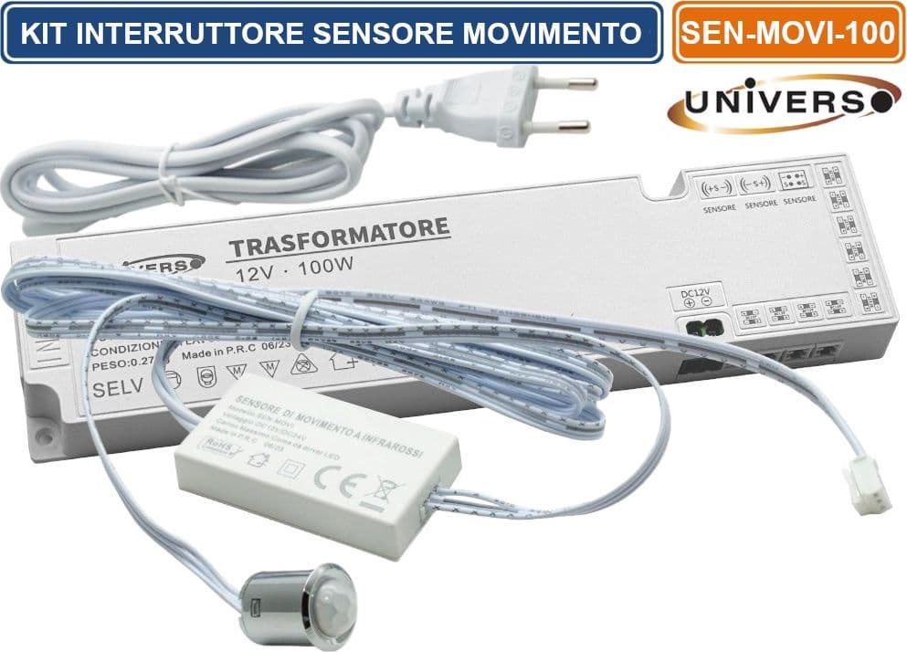 KIT MINI INTERRUTTORE SENSORE MOVIMENTO INFRAROSSI 12V 24V PASSAGGIO PIR CON ALIMENTATORE 100W ACCENSIONE AUTOMATICA STRISCE LUCI LED