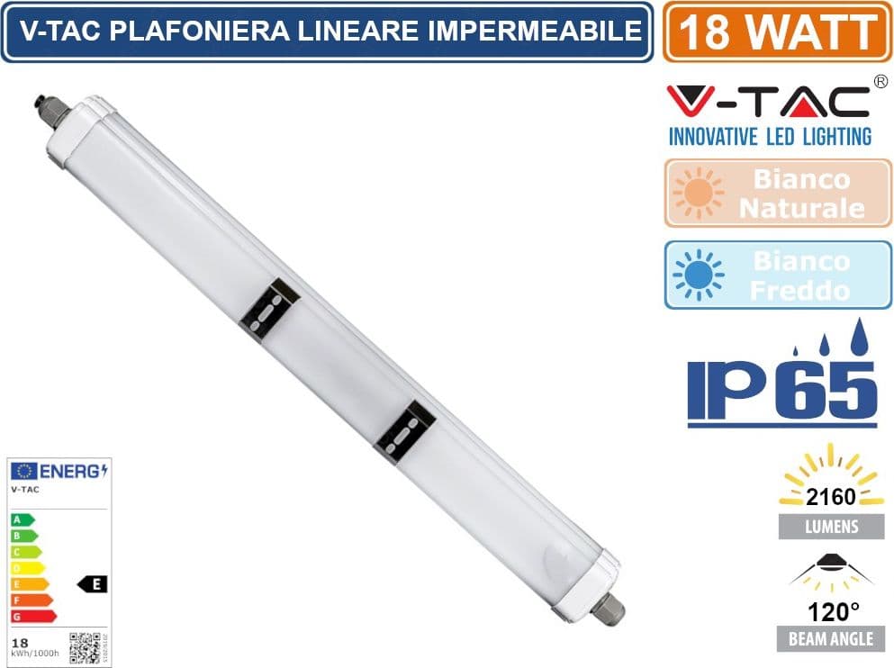 V-TAC VT-6076 TUBO LED PLAFONIERA 18W LAMPADINA 60CM IMPERMEABILE - SKU 216283 / 216282 - 3