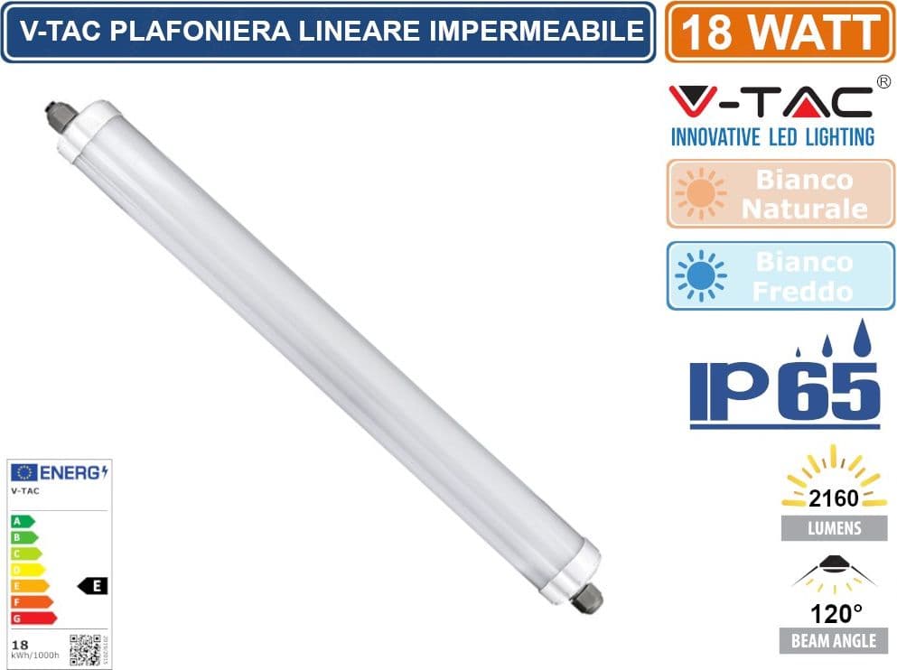 V-TAC VT-6076 TUBO LED PLAFONIERA 18W LAMPADINA 60CM IMPERMEABILE - SKU 216283 / 216282 - 4