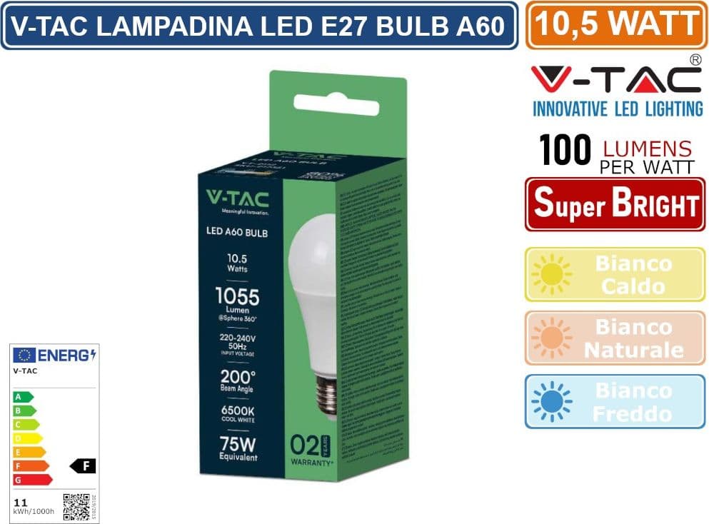 KIT 5 V-TAC VT-2112 LAMPADINA LED E27 10,5W BULB A60 - SKU 217350 / 217349 / 217351 - 2