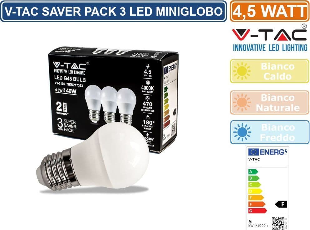 V-TAC VT-2176 SUPER SAVER PACK CONFEZIONE 3 LAMPADINE LED E27 4,5W MINIGLOBO G45 - SKU 217362 / 217363 / 217364 - 3
