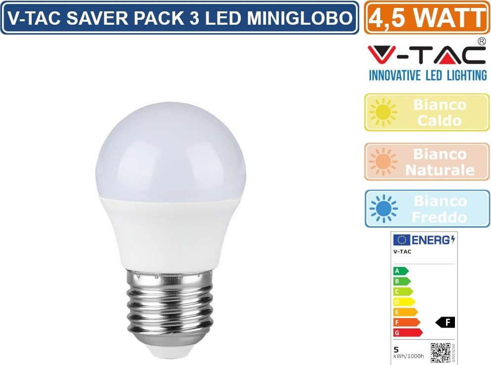 V-TAC VT-2176 SUPER SAVER PACK CONFEZIONE 3 LAMPADINE LED E27 4,5W MINIGLOBO G45 - SKU 217362 / 217363 / 217364 - 2