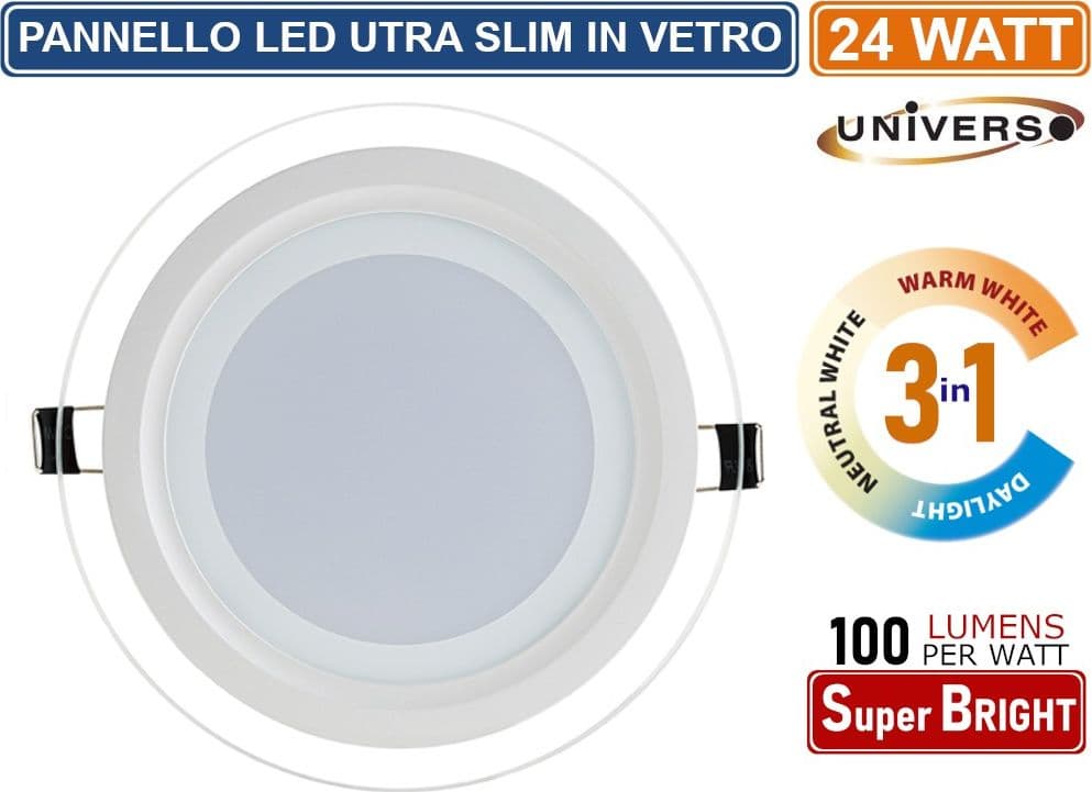 PANNELLO LED SLIM ROTONDO DA INCASSO CON CORNICE IN VETRO 24W 2400 LUMEN CCT 3000K - 4000K - 6500K - 2