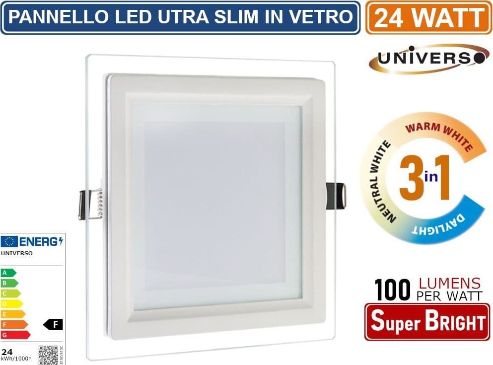 PANNELLO LED SLIM QUADRATO DA INCASSO 24W CON CORNICE IN VETRO 24W 2400 LUMEN CCT 3000K - 4000K - 6500K - 4