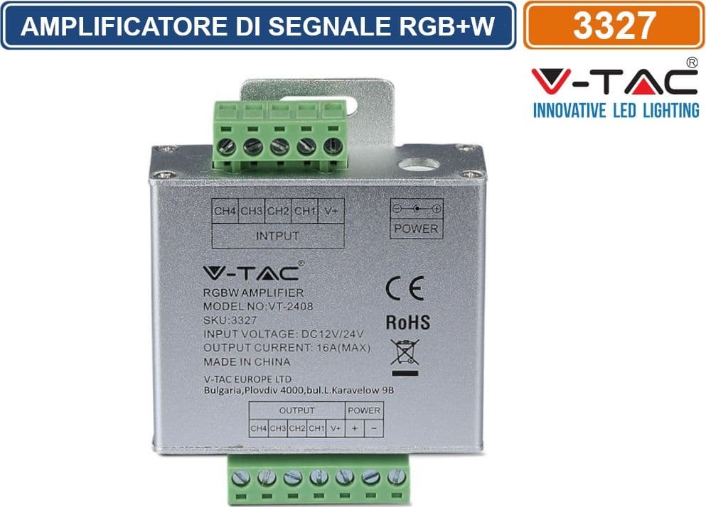 V-TAC VT-2408 AMPLIFICATORE DI SEGNALE MAX 16A PER CONTROLLER DI STRISCE LED RGB+W 12-24V - SKU 3327 - 2