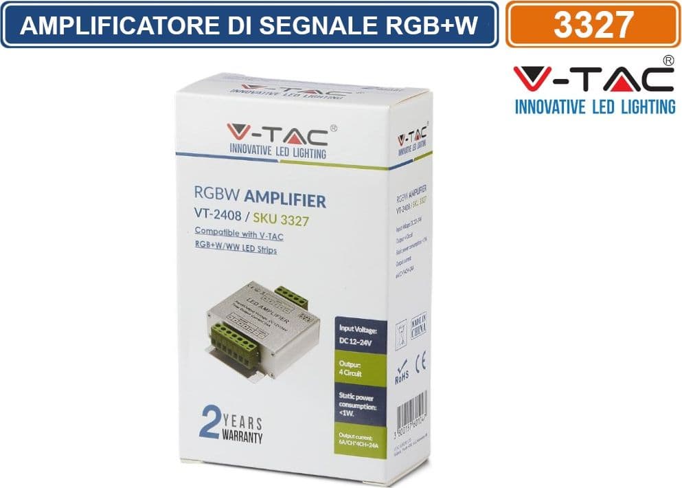 V-TAC VT-2408 AMPLIFICATORE DI SEGNALE MAX 16A PER CONTROLLER DI STRISCE LED RGB+W 12-24V - SKU 3327 - 4