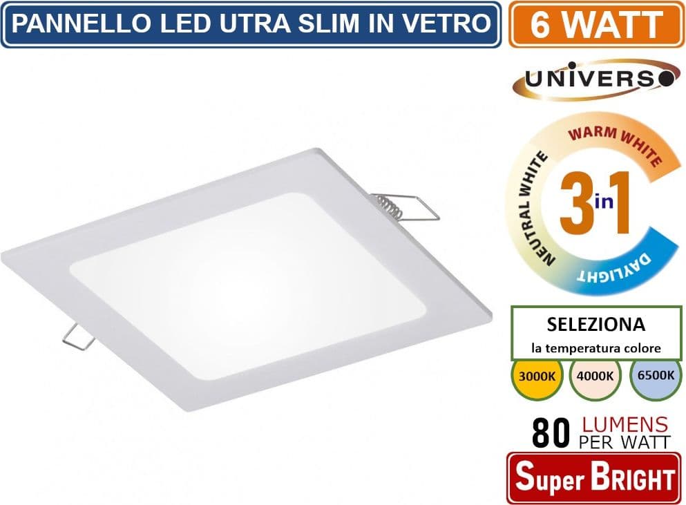 PANNELLO SMD LED QUADRATO DA INCASSO 6W CON DRIVER 480 LUMEN CCT 3000K - 4000K - 6500K SELEZIONABILE - 2