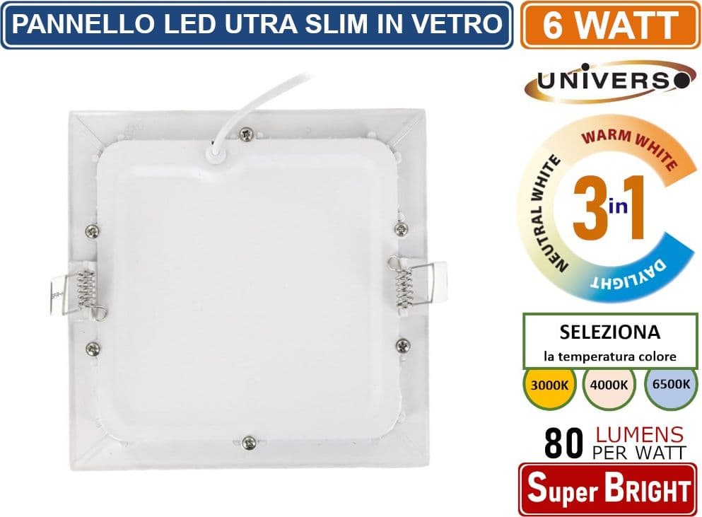 PANNELLO SMD LED QUADRATO DA INCASSO 6W CON DRIVER 480 LUMEN CCT 3000K - 4000K - 6500K SELEZIONABILE - 3