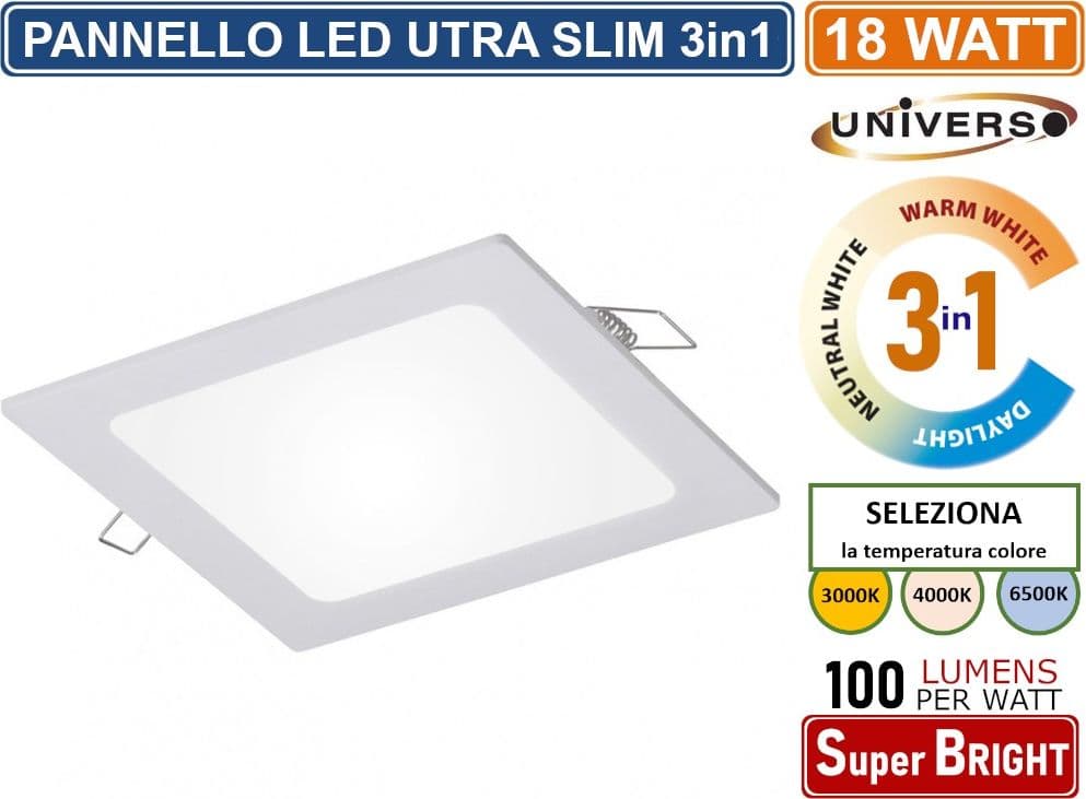 PANNELLO SMD LED QUADRATO DA INCASSO 18W CON DRIVER 1800 LUMEN CCT 3000K - 4000K - 6500K SELEZIONABILE - 2