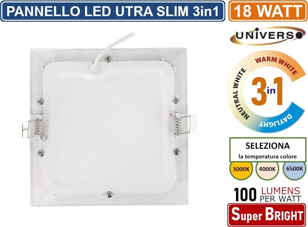 PANNELLO SMD LED QUADRATO DA INCASSO 18W CON DRIVER 1800 LUMEN CCT 3000K - 4000K - 6500K SELEZIONABILE - 3