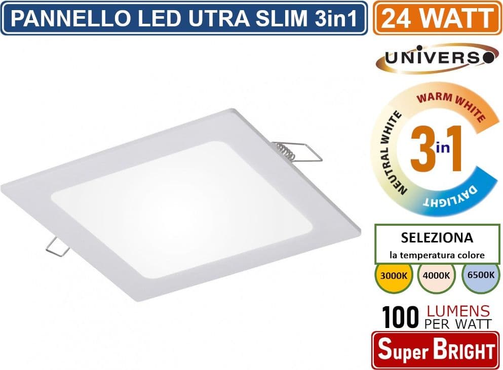 PANNELLO SMD LED QUADRATO DA INCASSO 24W CON DRIVER 2400 LUMEN CCT 3000K - 4000K - 6500K SELEZIONABILE - 2