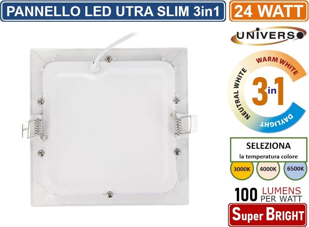 PANNELLO SMD LED QUADRATO DA INCASSO 24W CON DRIVER 2400 LUMEN CCT 3000K - 4000K - 6500K SELEZIONABILE - 3
