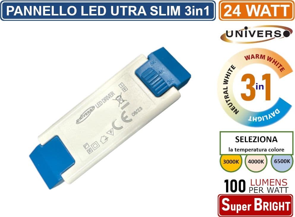 PANNELLO SMD LED QUADRATO DA INCASSO 24W CON DRIVER 2400 LUMEN CCT 3000K - 4000K - 6500K SELEZIONABILE - 4
