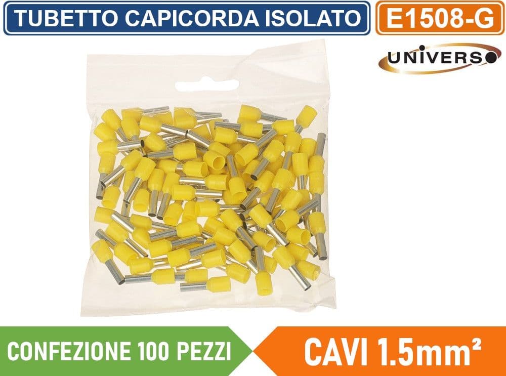 CONFEZIONE 100 PEZZI TUBETTO TERMINALE CAPICORDA ISOLATO PER CAVI DA 1.5mm² TERMINALE DA 8mm - GIALLO ROSSO BLU - 3