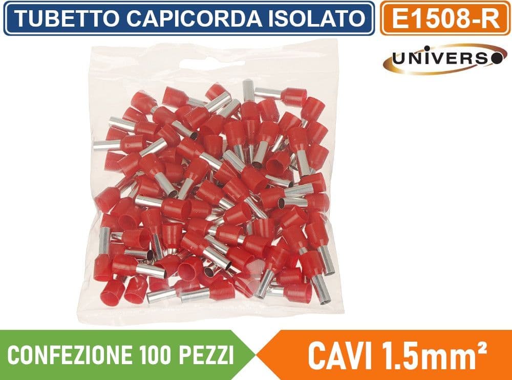 CONFEZIONE 100 PEZZI TUBETTO TERMINALE CAPICORDA ISOLATO PER CAVI DA 1.5mm² TERMINALE DA 8mm - GIALLO ROSSO BLU - 5