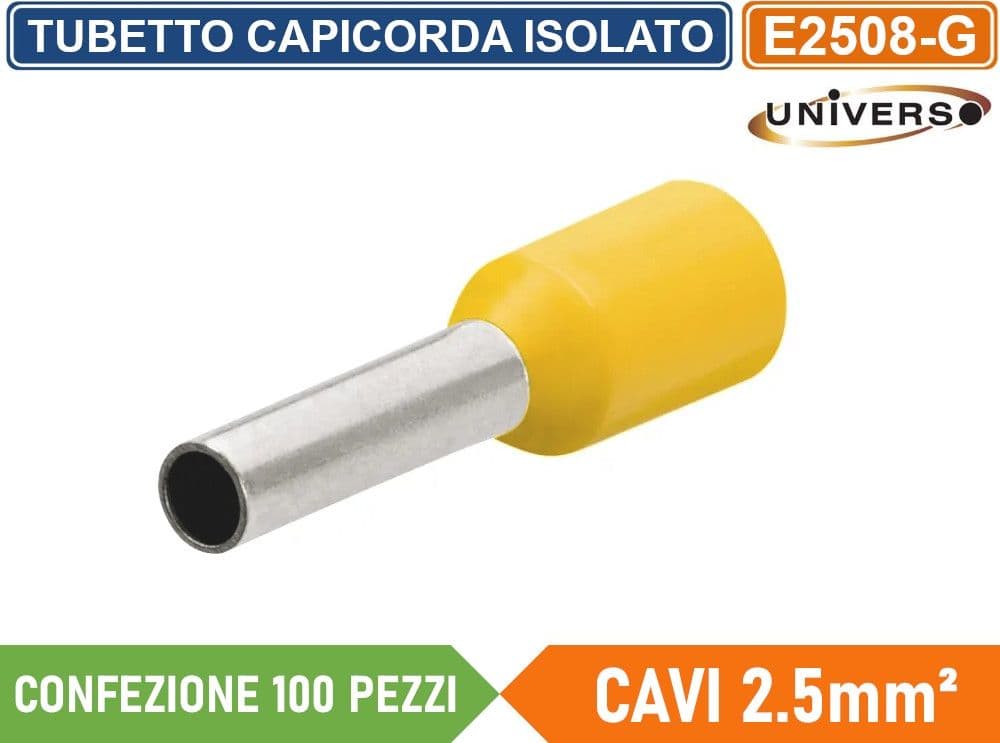 CONFEZIONE 100 PEZZI TUBETTO TERMINALE CAPICORDA ISOLATO PER CAVI DA 2.5mm² TERMINALE DA 8mm - GIALLO ROSSO BLU - 2
