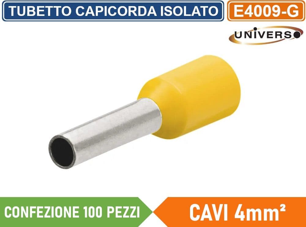 CONFEZIONE 100 PEZZI TUBETTO TERMINALE CAPICORDA ISOLATO PER CAVI DA 4mm² TERMINALE DA 9mm - GIALLO ROSSO BLU - 2