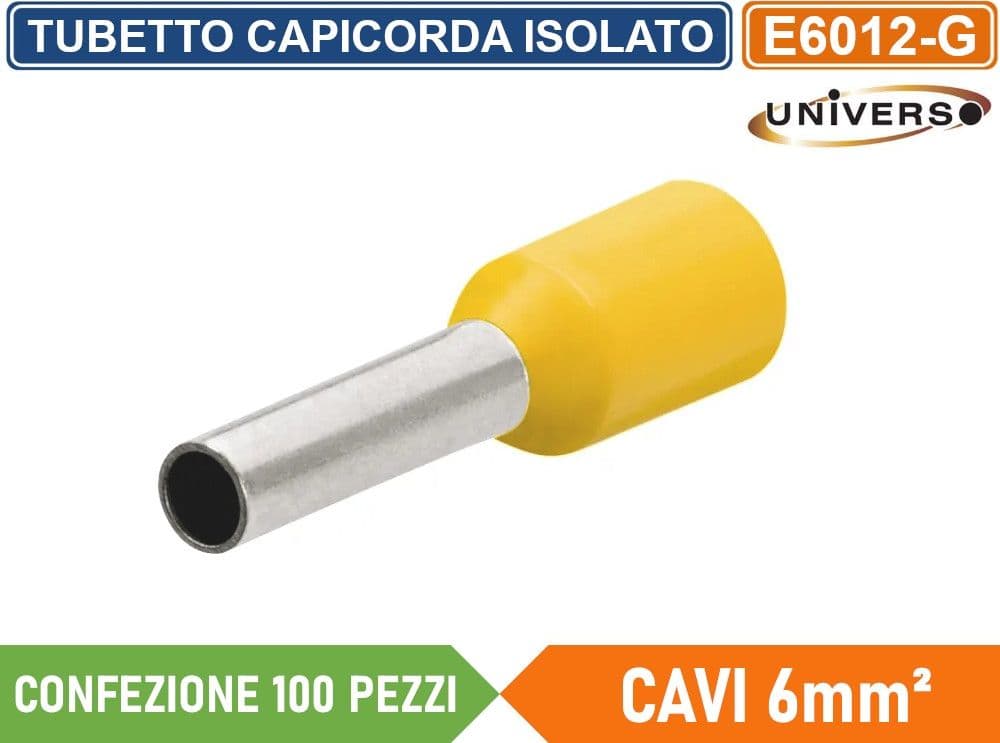 CONFEZIONE 100 PEZZI TUBETTO TERMINALE CAPICORDA ISOLATO PER CAVI DA 6mm² TERMINALE DA 12mm - GIALLO ROSSO BLU - 2