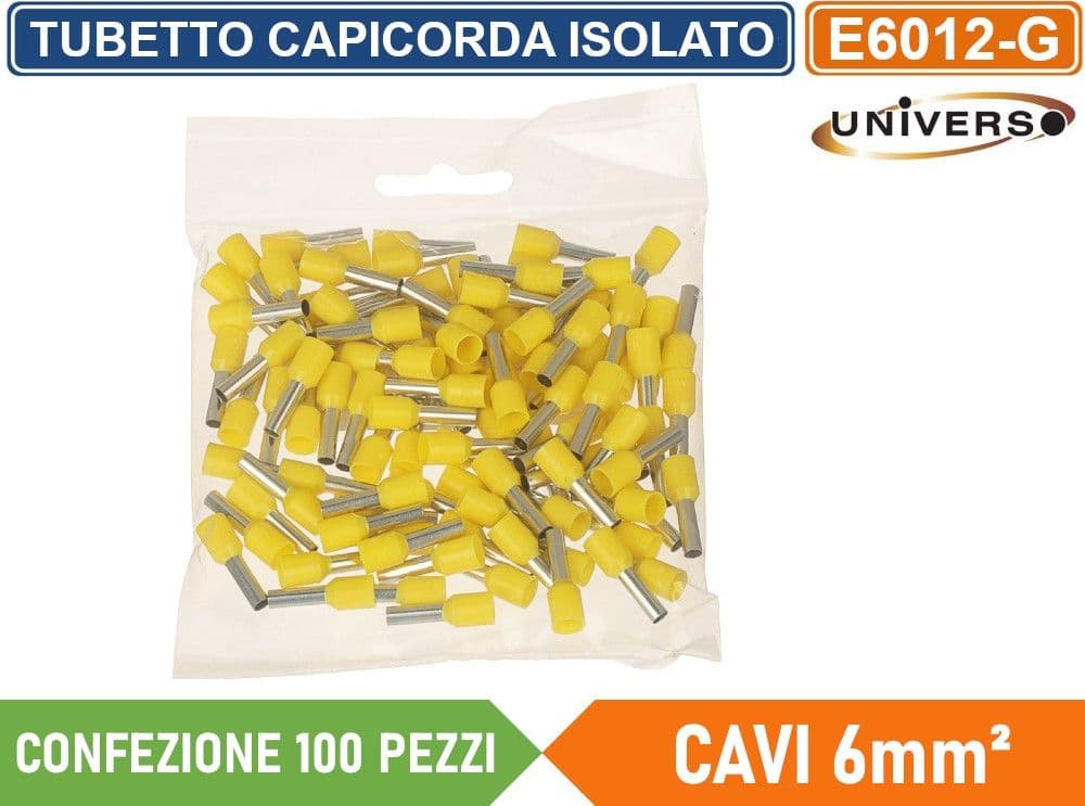 CONFEZIONE 100 PEZZI TUBETTO TERMINALE CAPICORDA ISOLATO PER CAVI DA 6mm² TERMINALE DA 12mm - GIALLO ROSSO BLU - 3