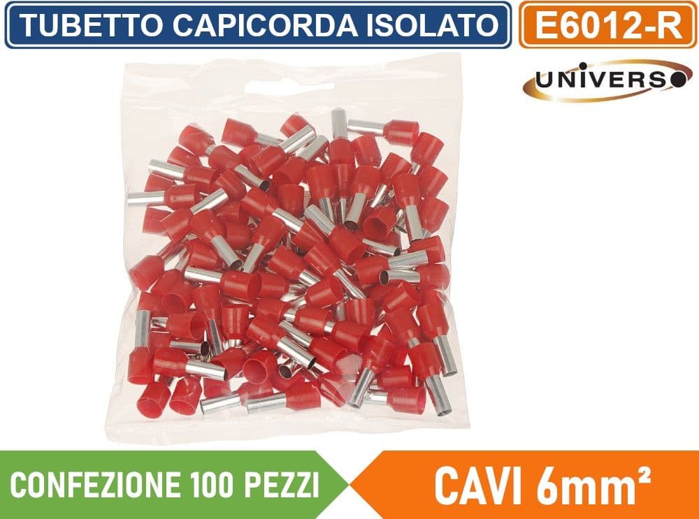 CONFEZIONE 100 PEZZI TUBETTO TERMINALE CAPICORDA ISOLATO PER CAVI DA 6mm² TERMINALE DA 12mm - GIALLO ROSSO BLU - 5