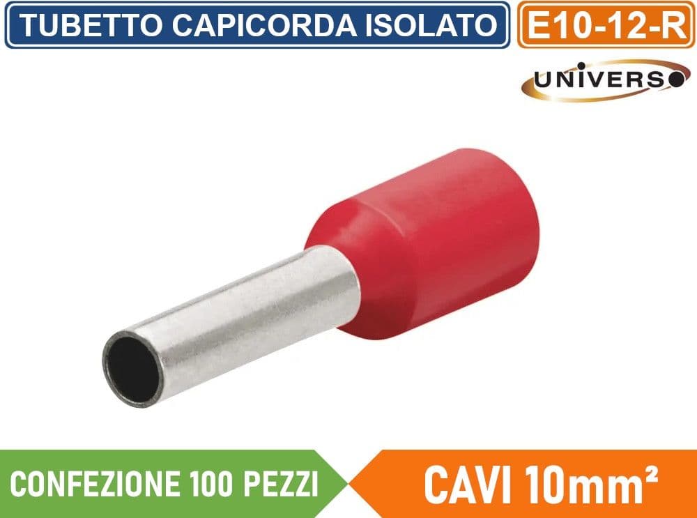 CONFEZIONE 100 PEZZI TUBETTO TERMINALE CAPICORDA ISOLATO PER CAVI DA 10mm² TERMINALE DA 12mm - GIALLO ROSSO BLU - 4