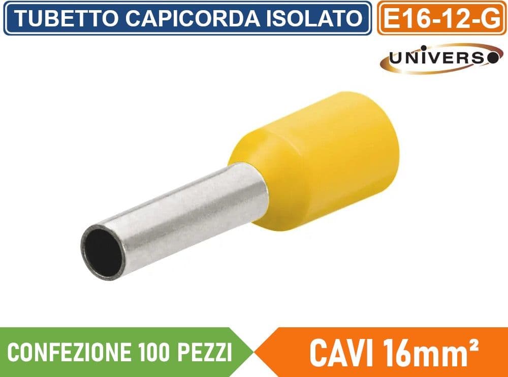 CONFEZIONE 100 PEZZI TUBETTO TERMINALE CAPICORDA ISOLATO PER CAVI DA 16mm² TERMINALE DA 12mm - GIALLO ROSSO BLU - 2