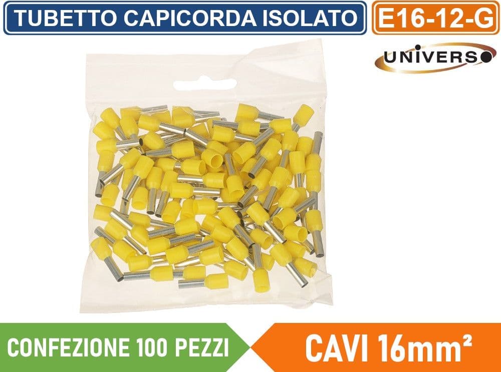 CONFEZIONE 100 PEZZI TUBETTO TERMINALE CAPICORDA ISOLATO PER CAVI DA 16mm² TERMINALE DA 12mm - GIALLO ROSSO BLU - 3