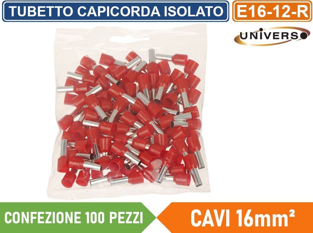 CONFEZIONE 100 PEZZI TUBETTO TERMINALE CAPICORDA ISOLATO PER CAVI DA 16mm² TERMINALE DA 12mm - GIALLO ROSSO BLU - 5