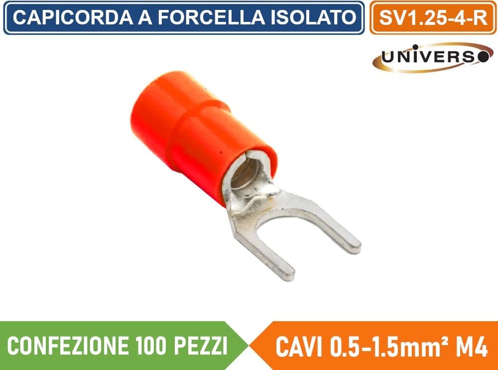 CONFEZIONE 100 PEZZI CAPICORDA TERMINALE A FORCELLA A CRIMPARE PER CAVI DA 0.5 mm² a 1.5 mm² ISOLATO M4 - 3