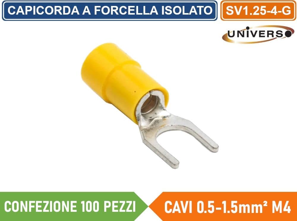 CONFEZIONE 100 PEZZI CAPICORDA TERMINALE A FORCELLA A CRIMPARE PER CAVI DA 0.5 mm² a 1.5 mm² ISOLATO M4 - 4