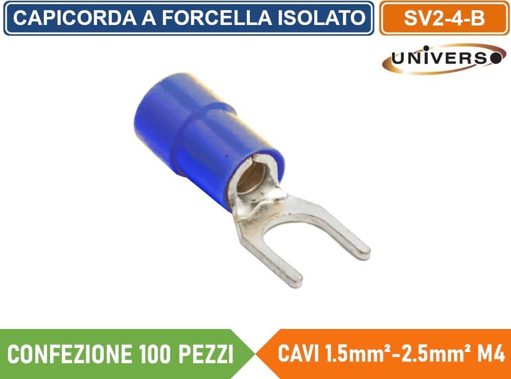 CONFEZIONE 100 PEZZI CAPICORDA TERMINALE A FORCELLA A CRIMPARE PER CAVI DA 1.5 mm² a 2.5 mm² ISOLATO M4 - 2