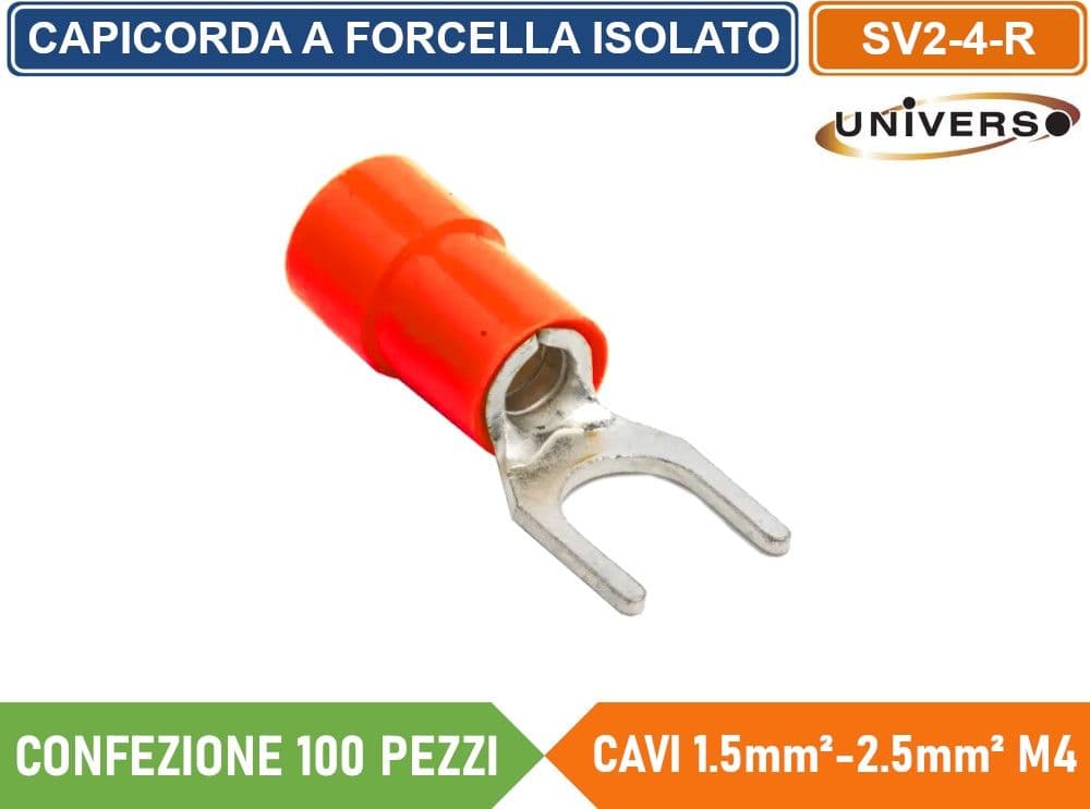 CONFEZIONE 100 PEZZI CAPICORDA TERMINALE A FORCELLA A CRIMPARE PER CAVI DA 1.5 mm² a 2.5 mm² ISOLATO M4 - 3