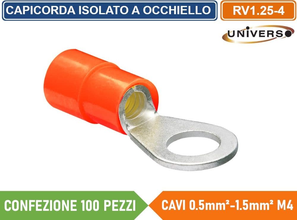 CONFEZIONE 100 PEZZI CAPICORDA TERMINALE AD OCCHIELLO ISOLATO PER CAVI DA 0.5 mm² a 1.5 mm² M4 - 3