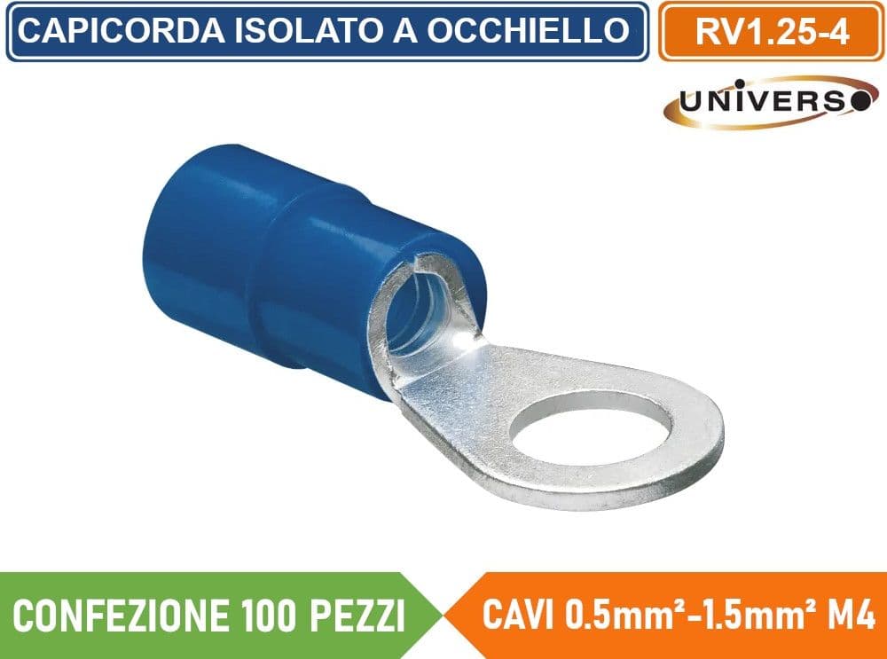 CONFEZIONE 100 PEZZI CAPICORDA TERMINALE AD OCCHIELLO ISOLATO PER CAVI DA 0.5 mm² a 1.5 mm² M4 - 4