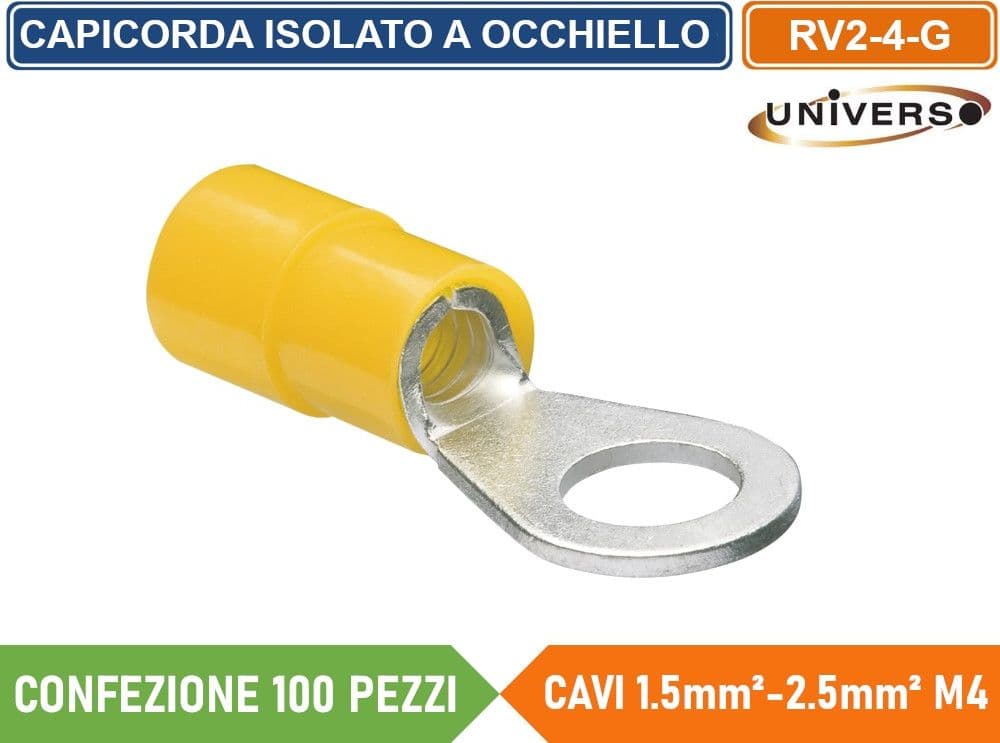 CONFEZIONE 100 PEZZI CAPICORDA TERMINALE AD OCCHIELLO ISOLATO PER CAVI DA 1.5 mm² a 2.5 mm² M4 - 2