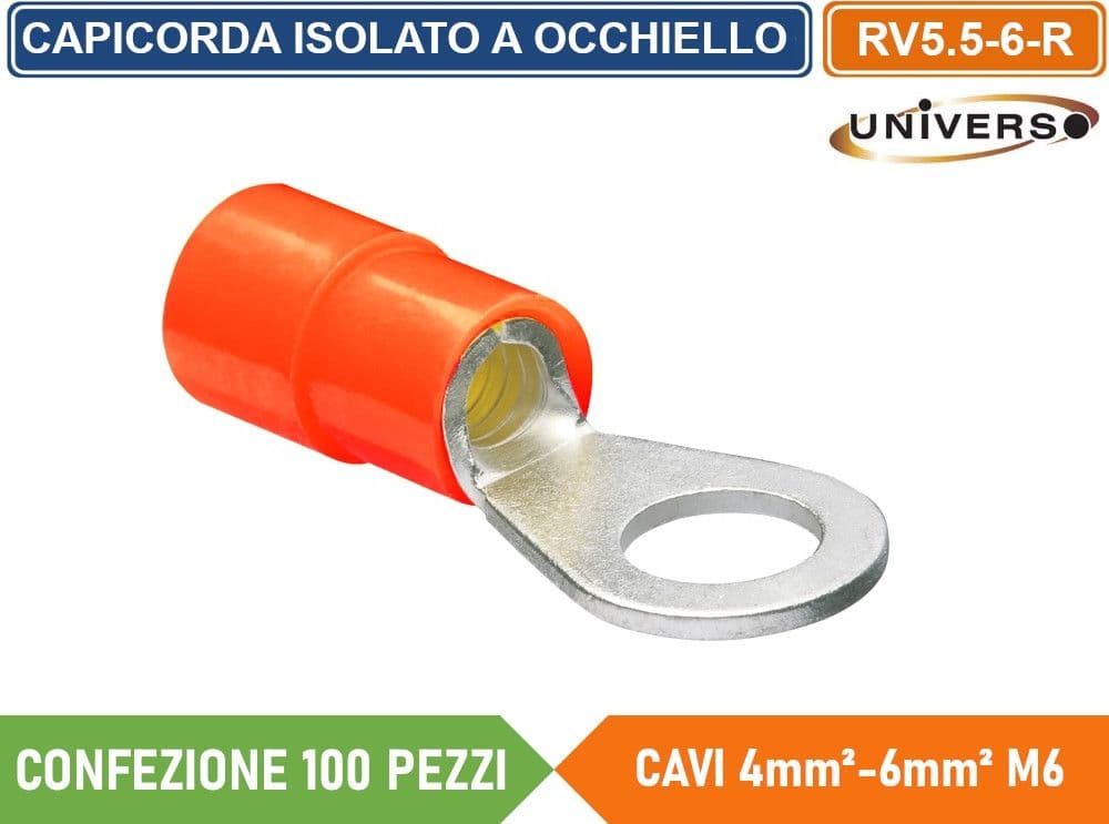 CONFEZIONE 100 PEZZI CAPICORDA TERMINALE AD OCCHIELLO ISOLATO PER CAVI DA 4 mm² a 6 mm² M6 - 3