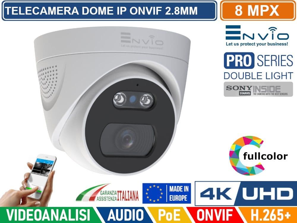 TELECAMERA DOME IP DOUBLE LIGHT 8M SONY STARVIS POE ONVIF H.265+ VISIONE NOTTURNA A COLORI/BIANCO E NERO/A COLORI SU ALLARME 20 METRI ANALISI VIDEO - 2