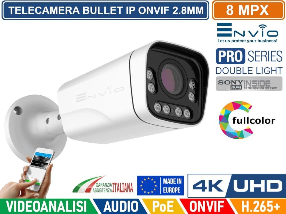 TELECAMERA BULLET IP DOUBLE LIGHT 8M SONY STARVIS POE ONVIF H.265+ VISIONE NOTTURNA A COLORI/BIANCO E NERO/A COLORI SU ALLARME 40 METRI ANALISI VIDEO - 2