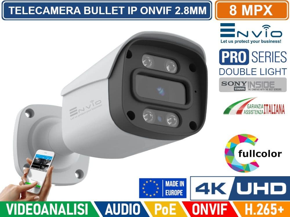 TELECAMERA BULLET IP DOUBLE LIGHT 8M SONY STARVIS  POE ONVIF H.265+ VISIONE NOTTURNA A COLORI/BIANCO E NERO/A COLORI SU ALLARME 30 METRI ANALISI VIDEO - 2