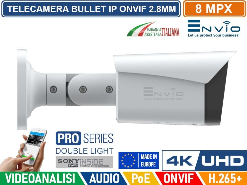 TELECAMERA BULLET IP DOUBLE LIGHT 8M SONY STARVIS  POE ONVIF H.265+ VISIONE NOTTURNA A COLORI/BIANCO E NERO/A COLORI SU ALLARME 30 METRI ANALISI VIDEO - 3