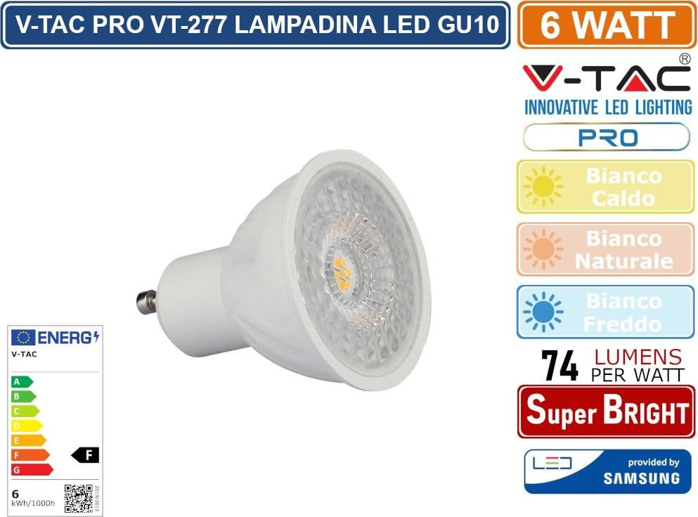 V-TAC PRO VT-277 LAMPADINA LED GU10 6W FARETTO SPOTLIGHT SMD CHIP SAMSUNG - SKU 21165 / 21166 / 21167 - 2