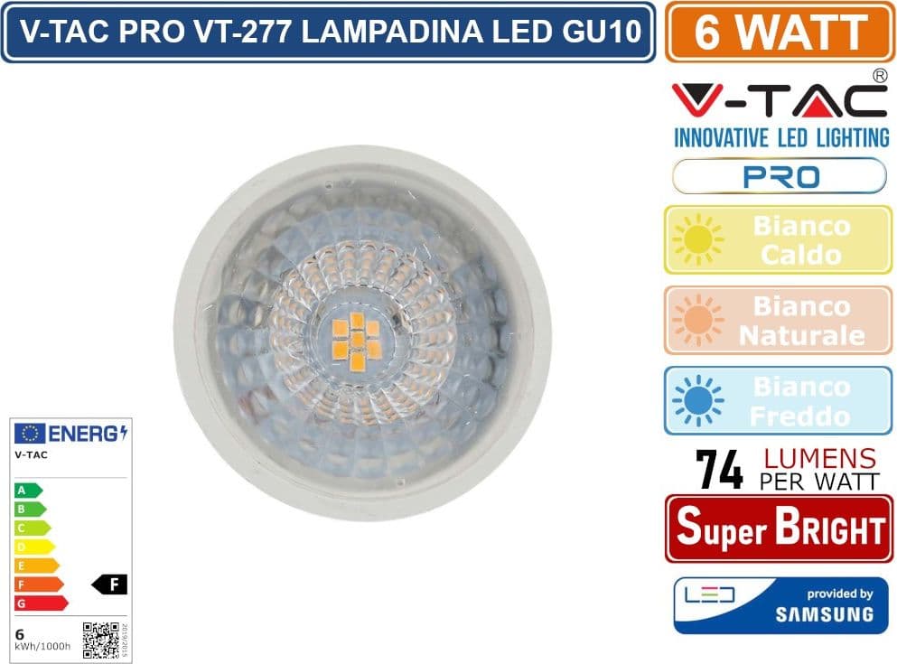 V-TAC PRO VT-277 LAMPADINA LED GU10 6W FARETTO SPOTLIGHT SMD CHIP SAMSUNG - SKU 21165 / 21166 / 21167 - 3