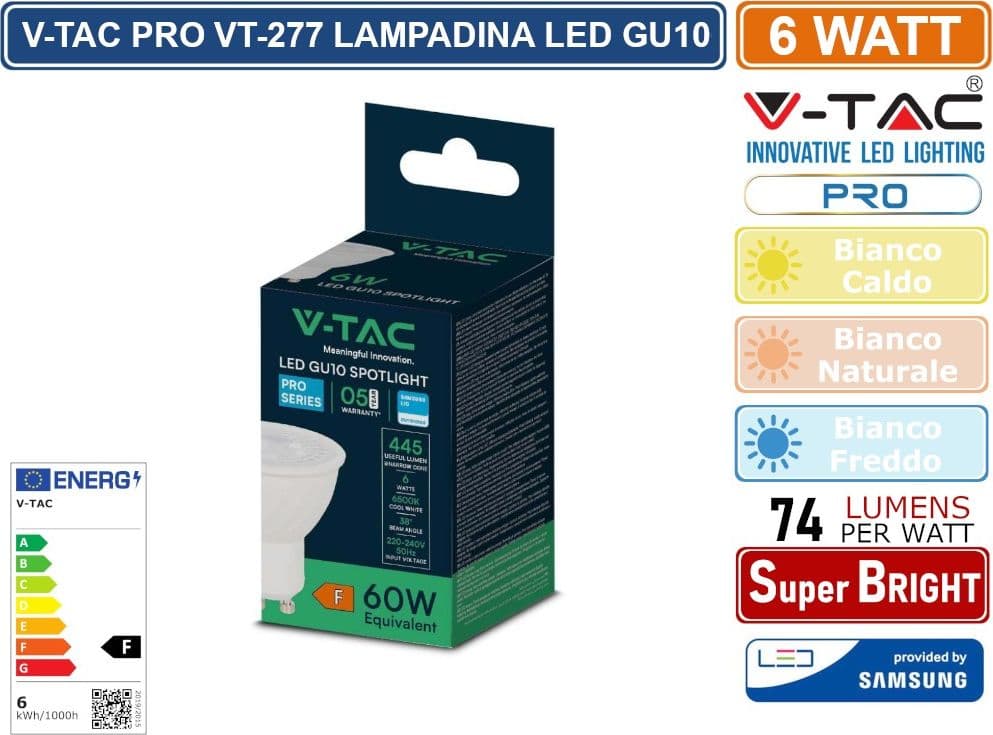 V-TAC PRO VT-277 LAMPADINA LED GU10 6W FARETTO SPOTLIGHT SMD CHIP SAMSUNG - SKU 21165 / 21166 / 21167 - 4
