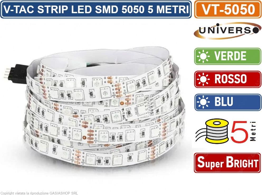 V-TAC VT-5050-60 STRISCIA LED FLESSIBILE 55W SMD 60 LED/METRO 12V - BOBINA DA 5 METRI - SKU 212137 / 212128 / 212138 - 3