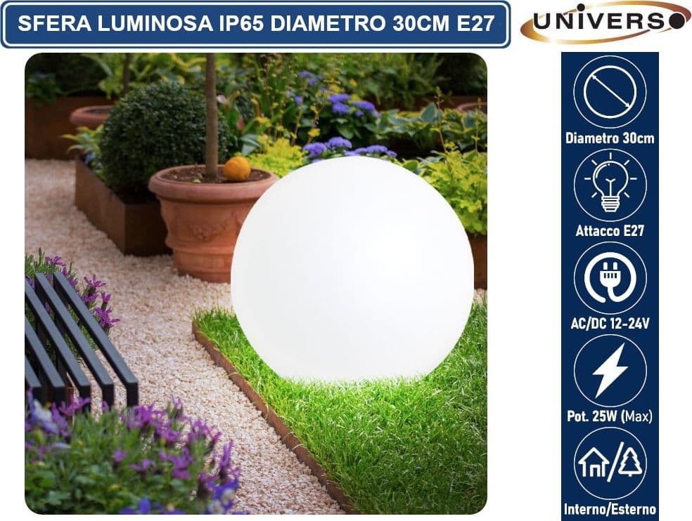 LAMPADA A SFERA BIANCA DA GIARDINO 30CM CON ATTACCO E27 MAX 25W DA INTERNO ED ESTERNO IP65 - 3