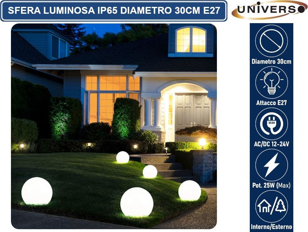 LAMPADA A SFERA BIANCA DA GIARDINO 30CM CON ATTACCO E27 MAX 25W DA INTERNO ED ESTERNO IP65 - 4