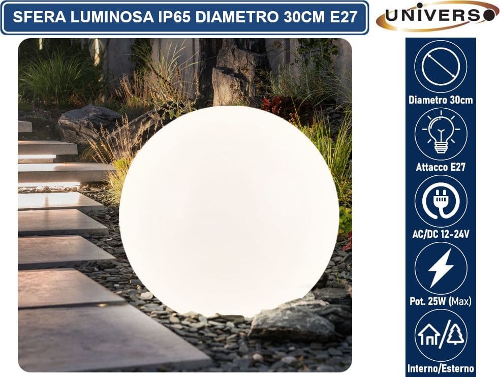 LAMPADA A SFERA BIANCA DA GIARDINO 30CM CON ATTACCO E27 MAX 25W DA INTERNO ED ESTERNO IP65 - 5