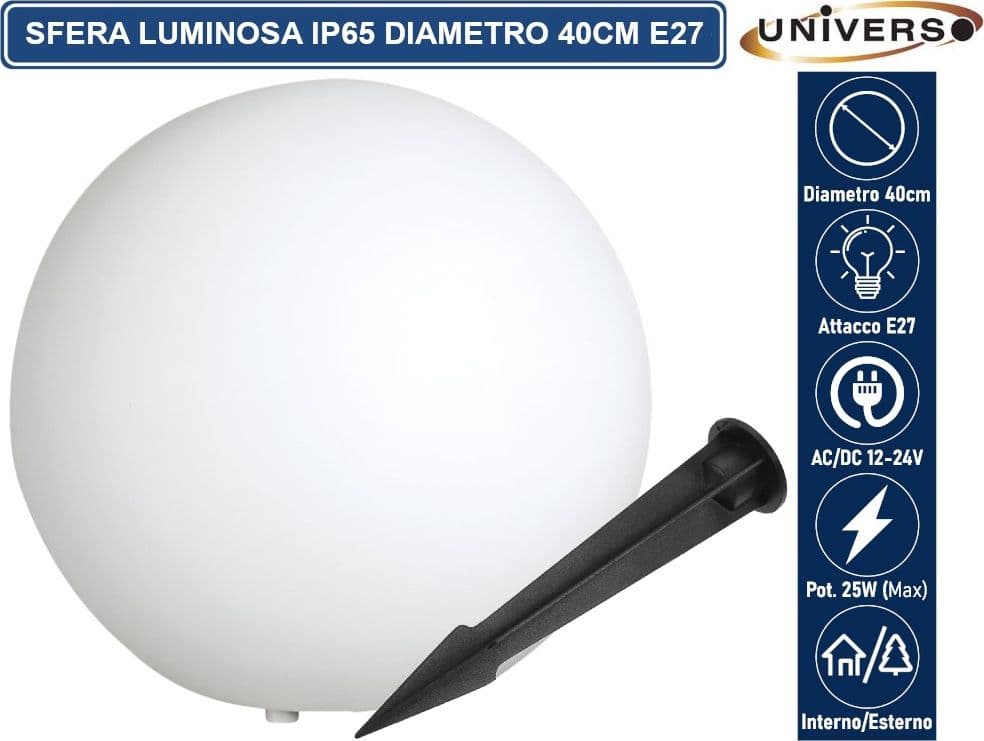 LAMPADA A SFERA BIANCA DA GIARDINO 40CM CON ATTACCO E27 MAX 25W DA INTERNO ED ESTERNO IP65 - 2