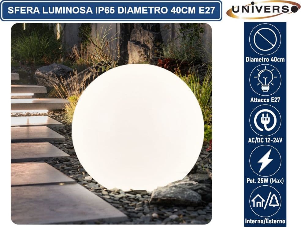 LAMPADA A SFERA BIANCA DA GIARDINO 40CM CON ATTACCO E27 MAX 25W DA INTERNO ED ESTERNO IP65 - 3