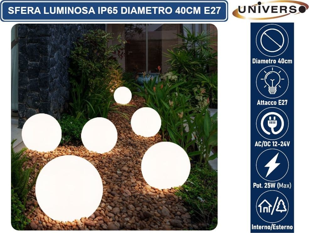 LAMPADA A SFERA BIANCA DA GIARDINO 40CM CON ATTACCO E27 MAX 25W DA INTERNO ED ESTERNO IP65 - 5